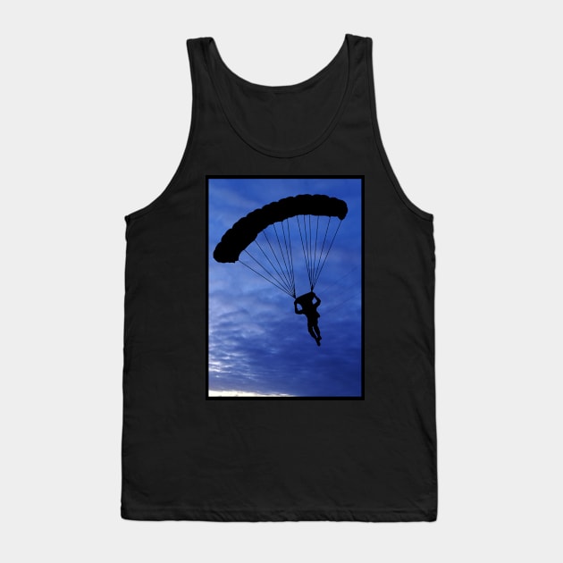 Parachuter Silhouette in Beautiful Blue Sky with a Black Border Tank Top by Blue Butterfly Designs 